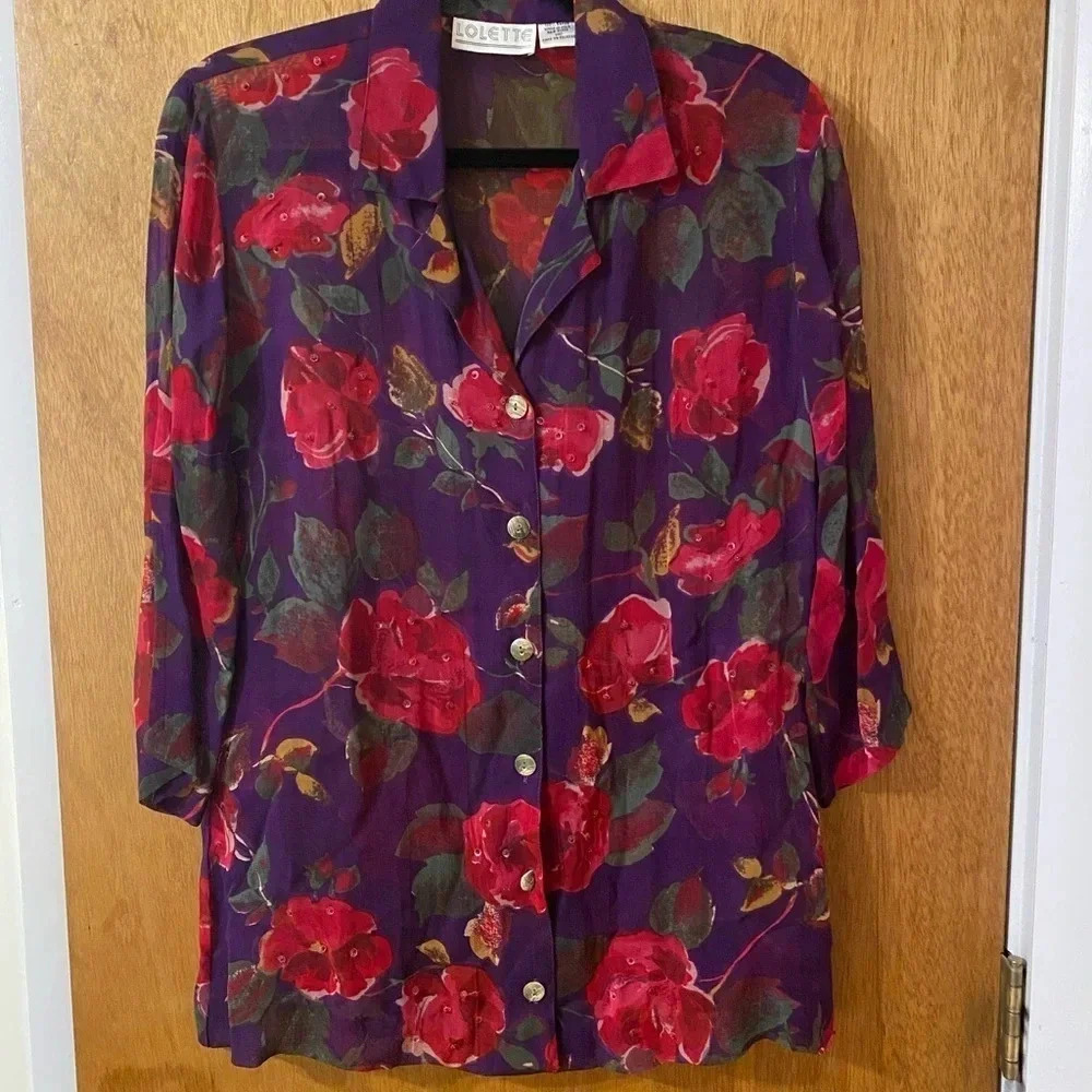Lolette Women’s Aubergine Floral Print Embellished Sheer Blouse, Size M